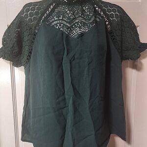 𝅺women Lace  Sleeve Blouse  Large  Dark Green